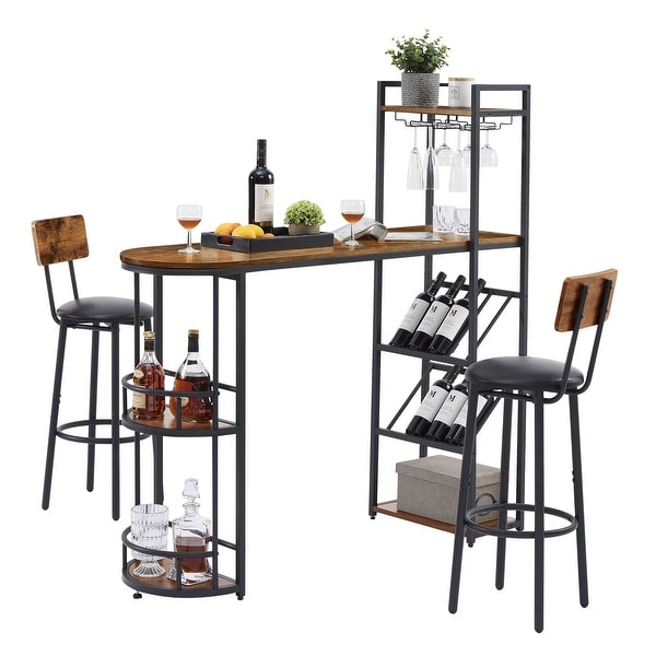 Bar Table and Stool Set with 2 Bar Stools and Bottle Holder， Multifunctional High Bar Table with Space for 8 Bottles and 9 Glasses