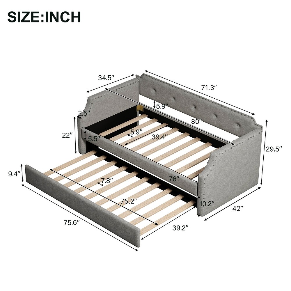 Twin Size Upholstered Daybed with Trundle  Sofa Bedframe with Wood Slat Support  for Livingroom Bedroom  No Box Spring Required