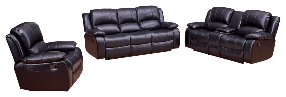 Betsy Furniture 3 Piece Bond Leather Reclining Living Room Set  Black   Contemporary   Living Room Furniture Sets   by Vanity Art LLC  Houzz