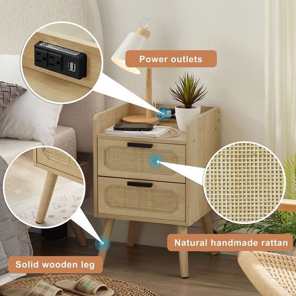 Rattan nightstand with socket side table natural handmade rattan（Natural 15.55''W*13.78''D*23.82''H） - - 37431293