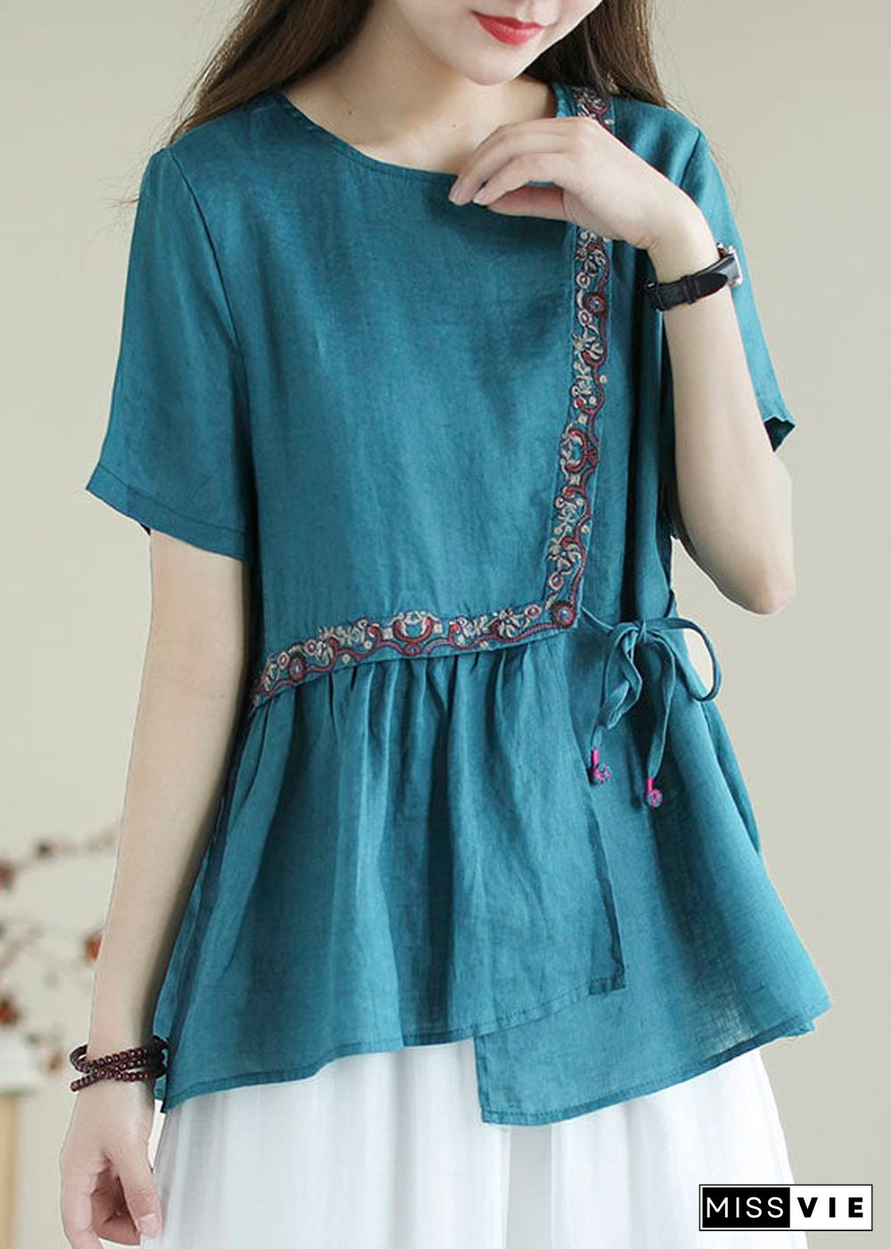 Bohemian Blue Embroideried  Shirt Top Short Sleeve