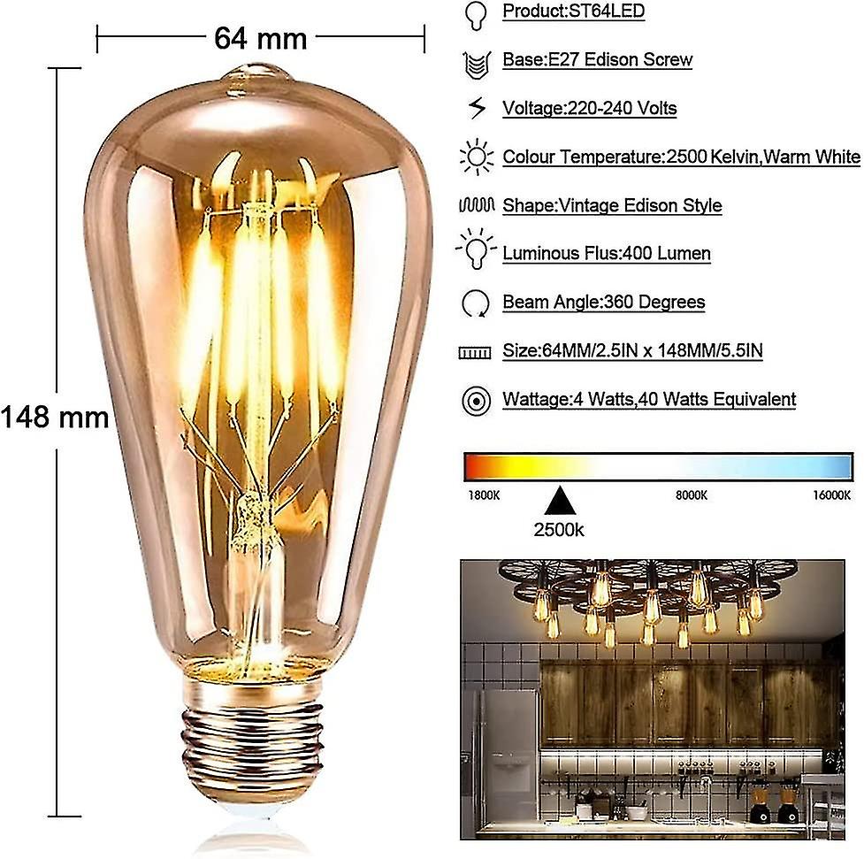 Vinta E27 Bulbs， 6 Led Edison Bulbs E27 St64 Rative S Retro Edison Bulbs Retro Lamp 4w Warm Yellow Ment For Restnt Cafe Bar