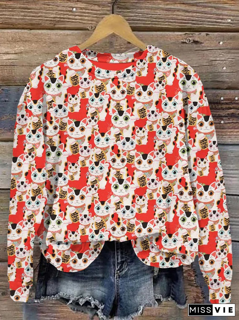 Japanese Red Lucky Cat Print Crew Neck Sweatshirt