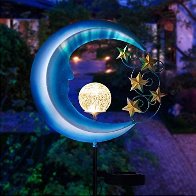 Outdoor Stars Moon Solar Power Light Romantic Moon Angel Retro Metal Lamp With Crackle Glass Globe Led For Courtyard Garden Landscape Lighting 1X