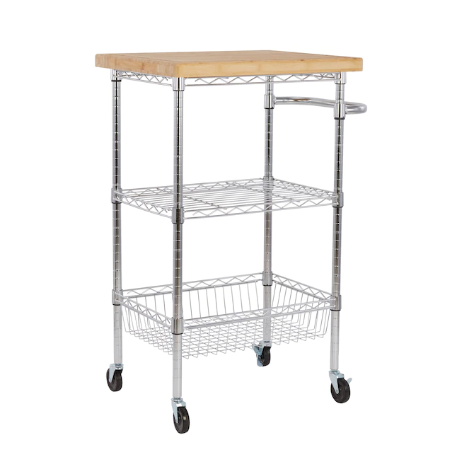 Style Selections Chrome Steel Base with Wood Top Rolling Kitchen Cart (24-in x 19.7-in x 38-in)