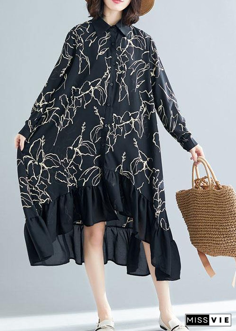 Modern black prints cotton dresses ruffles Plus Size summer Dresses