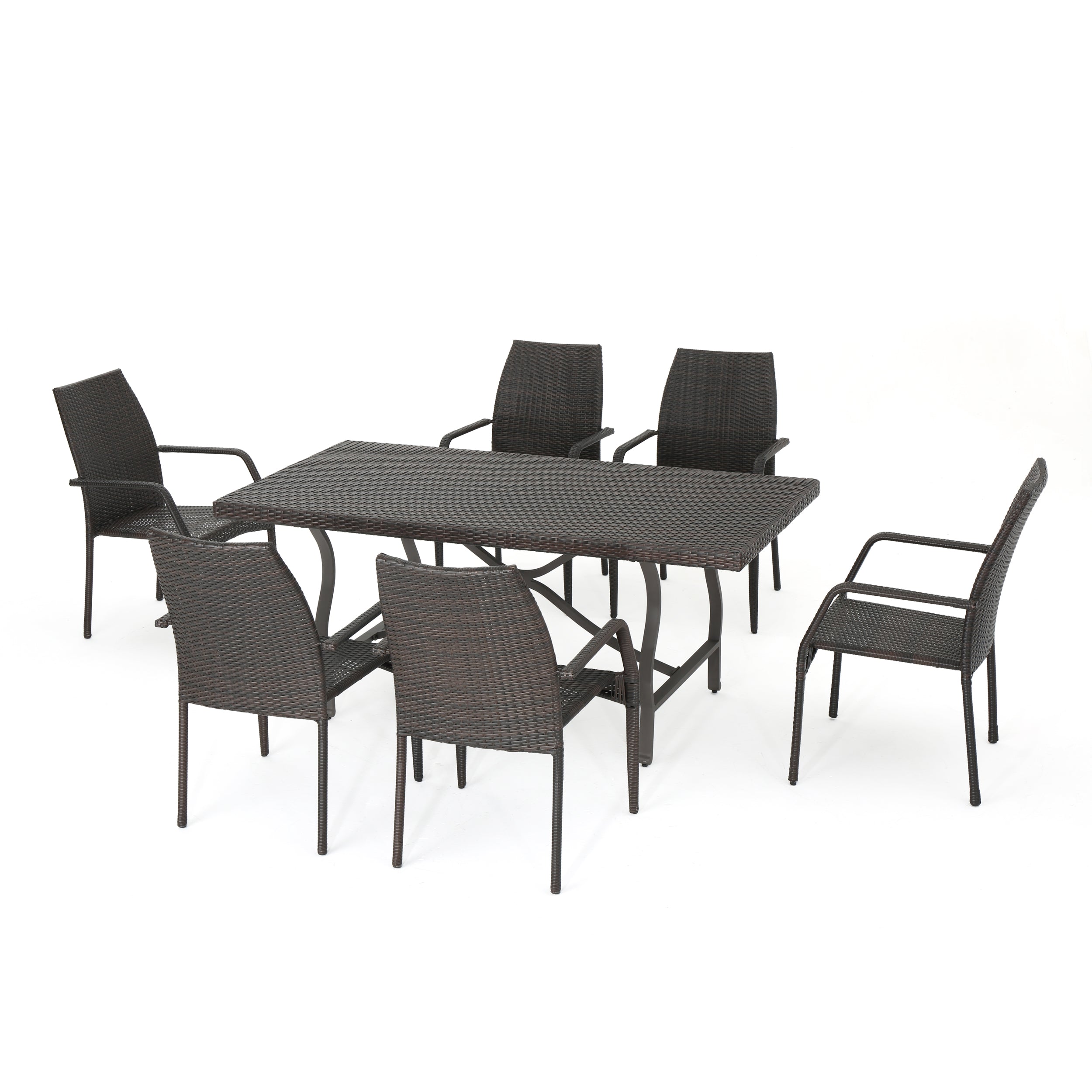 Alexi Outdoor Transitional 7-Piece Multi-Brown Wicker Dining Set with Arm Chairs