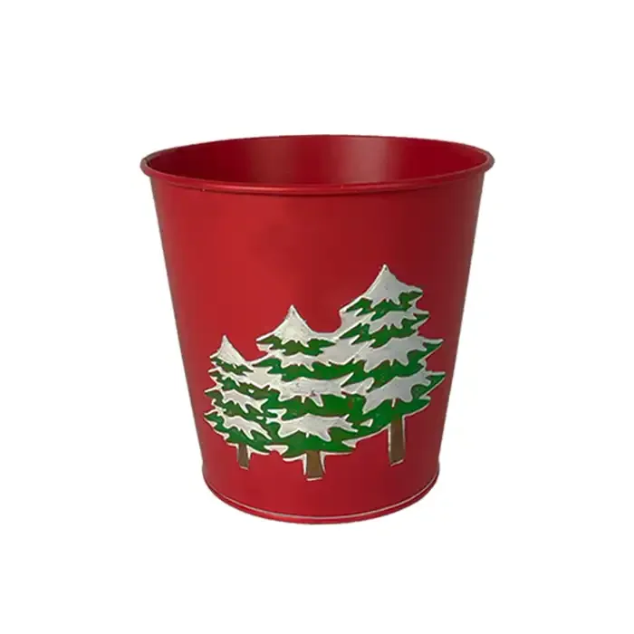 Red Round Metal Bucket Wholesale Christmas Tree Gift Bucket Decorate With A Party Vibe