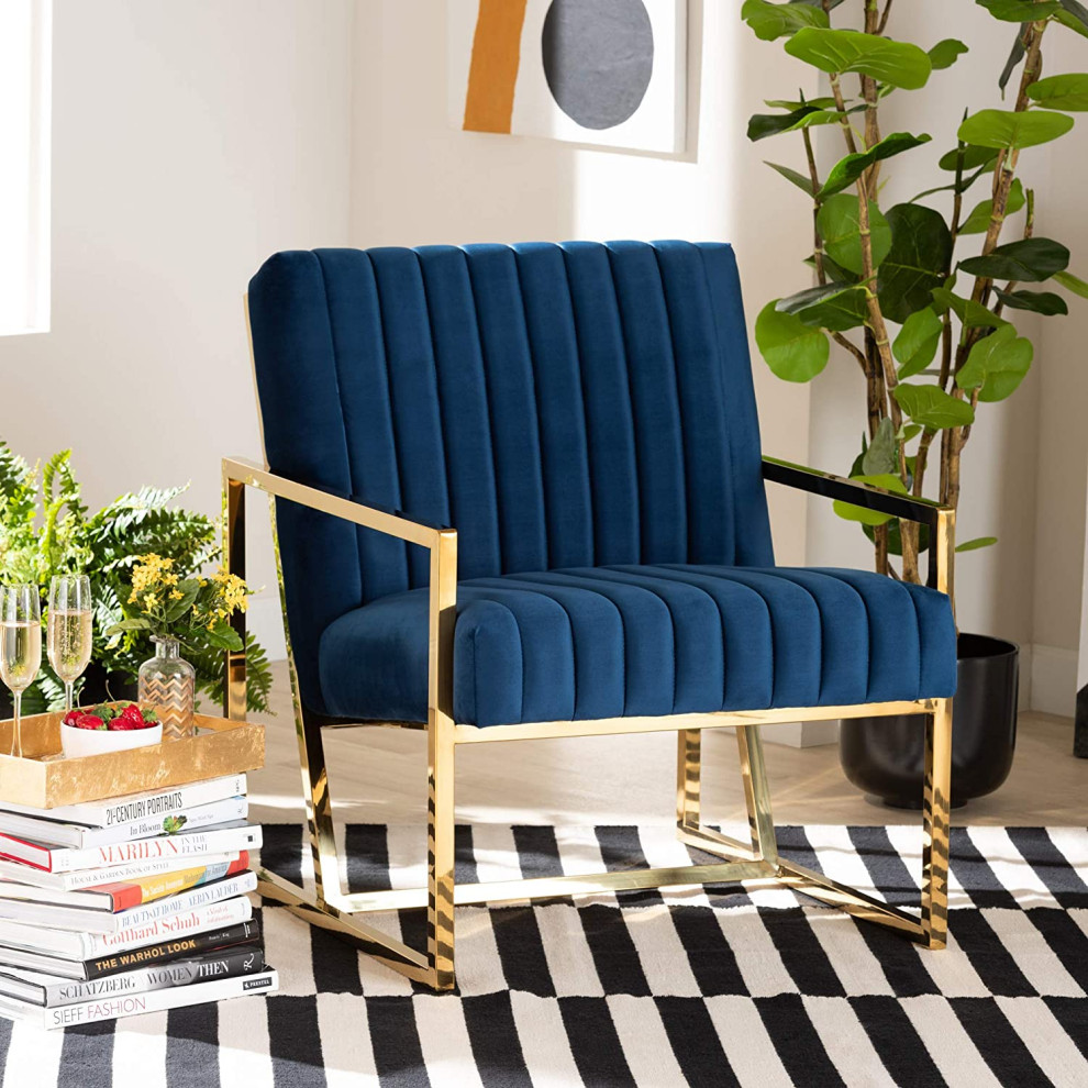 Elegant Accent Chair  Gold Frame With Soft and Ribbed Navy Velvet Seat   Transitional   Armchairs And Accent Chairs   by Decorn  Houzz