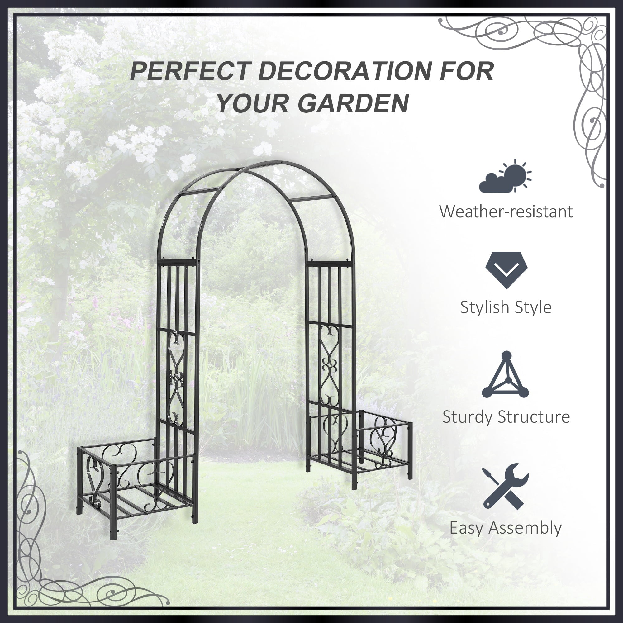 Outsunny Metal Garden Arbor with Planter Boxes Various Climbing Plant Wedding Arch Bridal Party Decoration for Outdoor Lawn