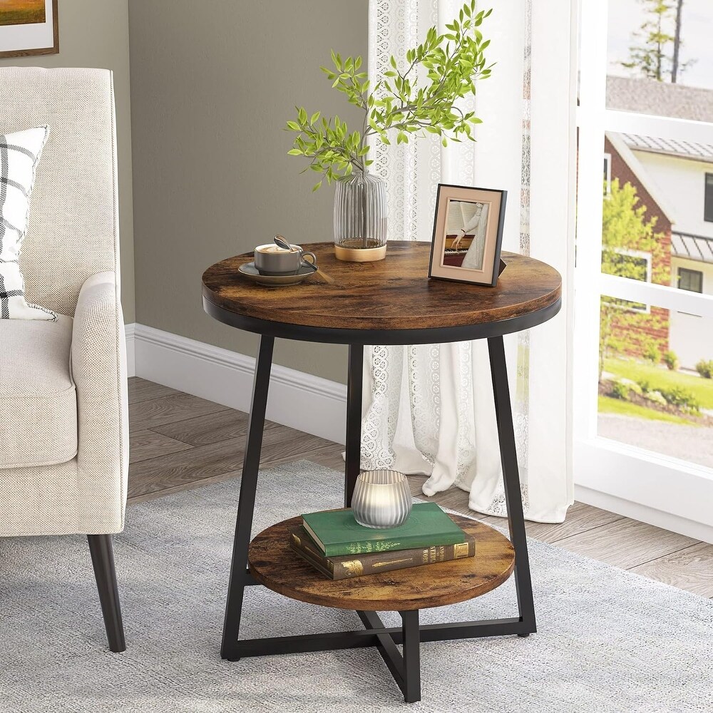 2 Tier Industrial Round Side End Table with Storage Living Room