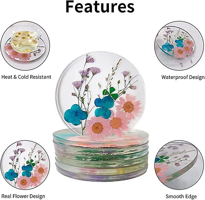 Drink Coasters Flower Cup Mat-epoxy Resin Coasters With Colorful Natural Floral Reusable Round Kitchen Utensils For Dining Cups (set Of 4) (4， Bd0001)