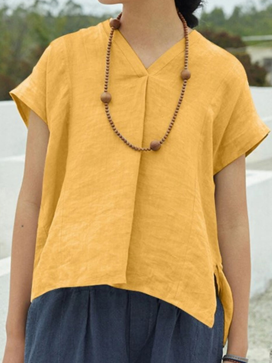 V-neck Casual Loose Solid Color Short-sleeved Blouse