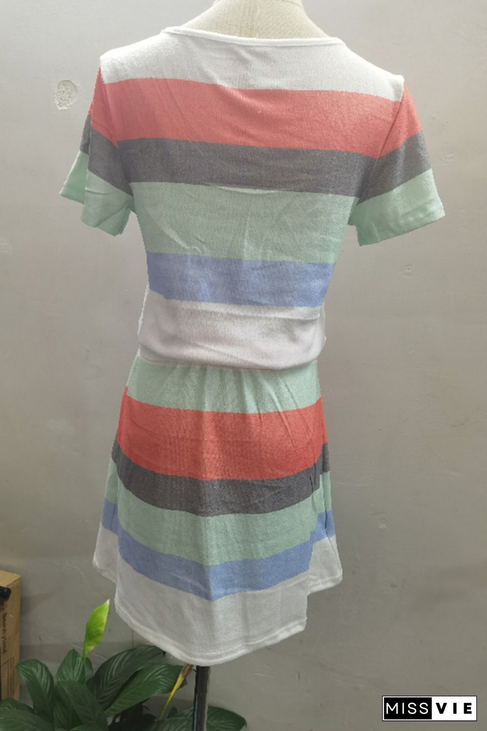 Stripe Drawstring V-neck Short Sleeve Dress with Pockets