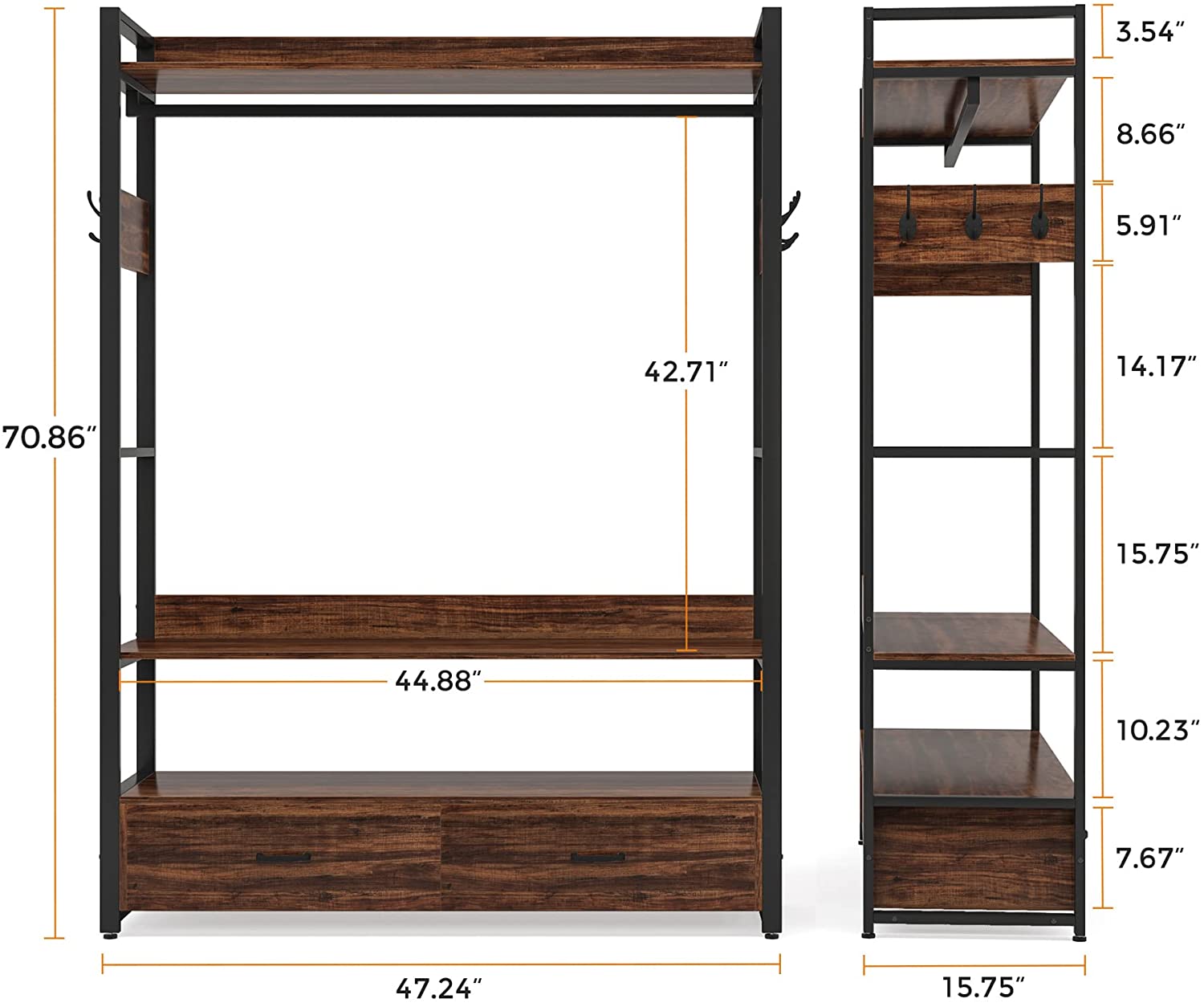 47 inches freestanding clothes rack with drawer and hooks closet organzier garment shelf