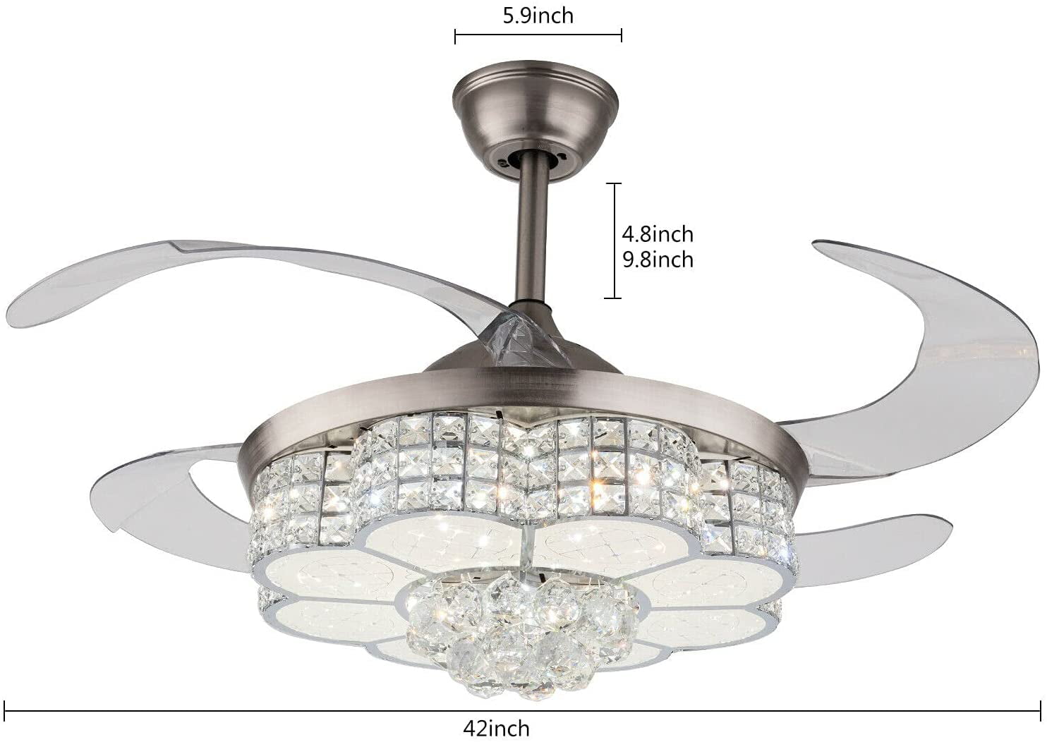 TFCFL 42 Inch Crystal LED Ceiling Fan with Light， 4 Acrylic Retractable Blades with Remote Control Chandelier， 3 Colors 3 Speeds