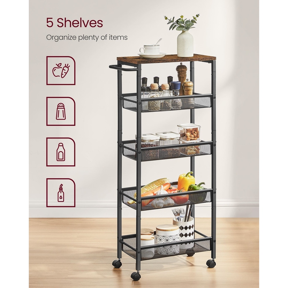 5 Tier Rolling Storage Cart Rustic 8.7 Inches Deep   8.7\