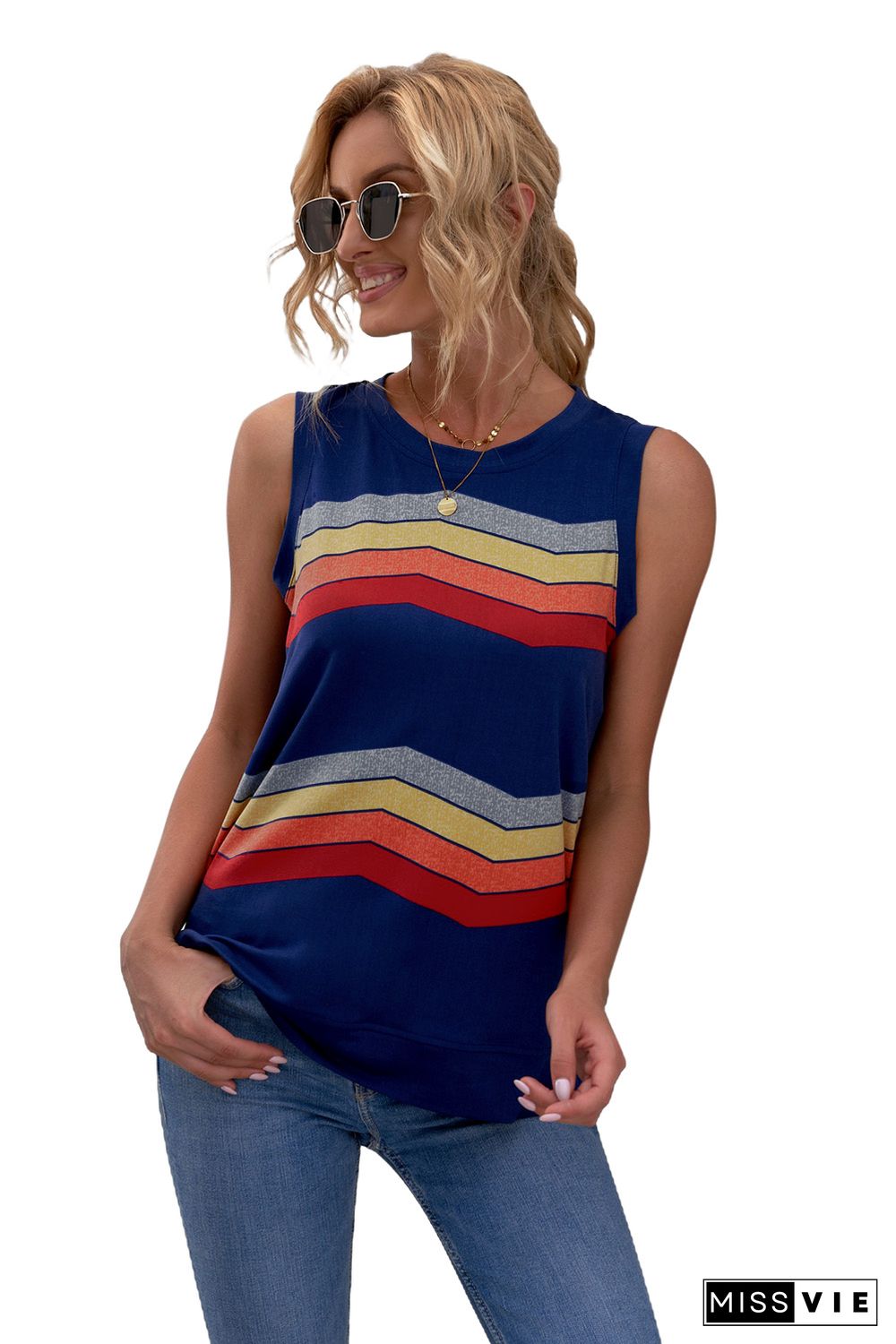 Blue Crew Neck Colorblock Stripes Tank Top