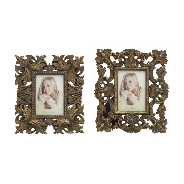 Set Of 2 Polystone Scroll Handmade Intricate Carved 1 Slot Photo Frames Gold Olivia amp May