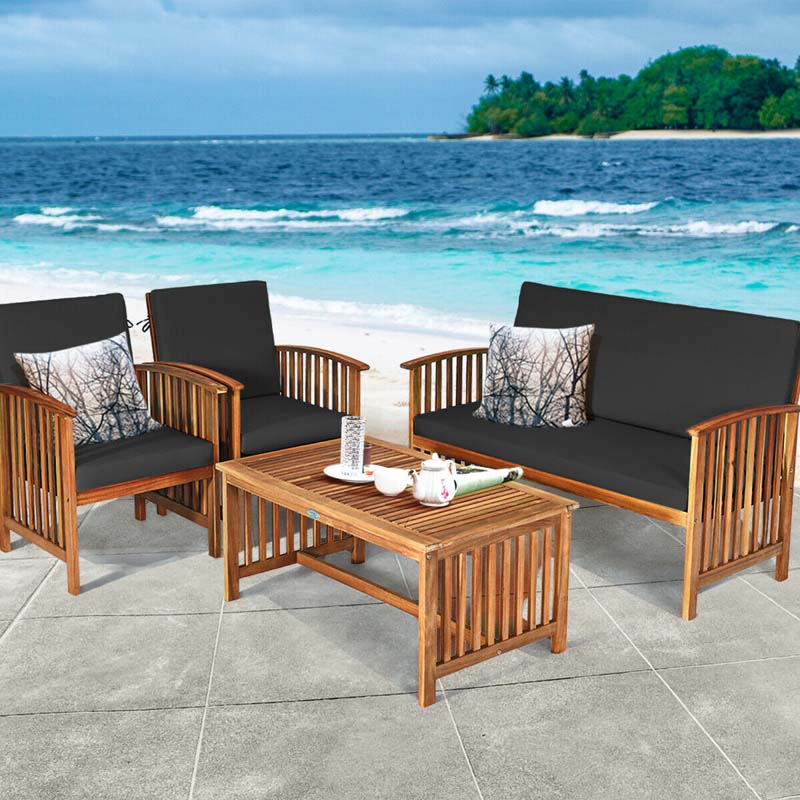 4 Pcs Outdoor Acacia Wood Sofa Set Patio Conversation Furniture Set with Cushions & Coffee Table