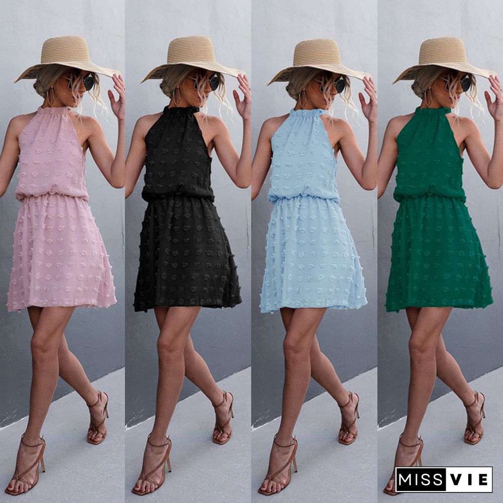 Summer Sexy Halter Jacquard Hair Ball Mini Dress Vintage Sleeveless Dress Holiday Beach Party Short Dress Women Vestidos