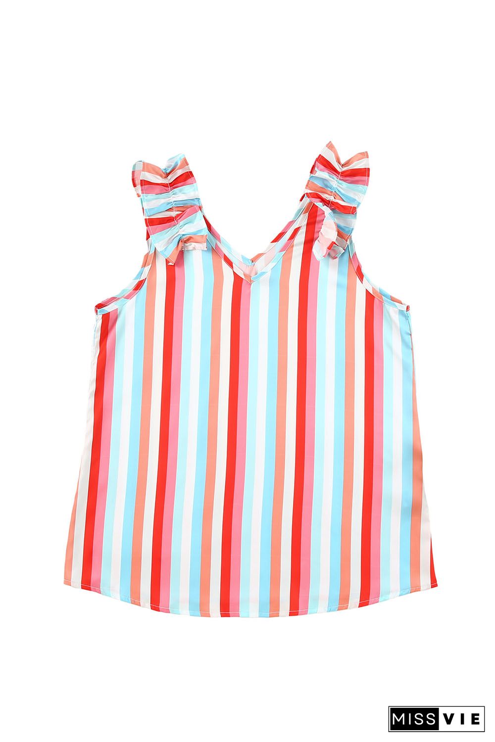 Multicolor Striped V Neck Ruffle Straps Tank Top