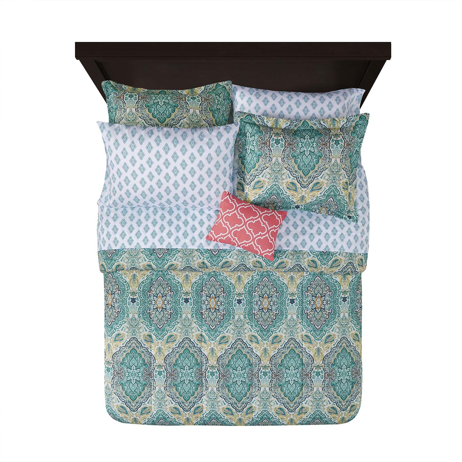 Mainstays Teal Paisley 6 Piece Bed in a Bag Comforter Set With Sheets， Tw/TXL