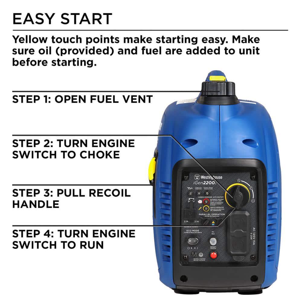 Westinghouse iGen2200c 2200Watt1800Watt Gas Powered Portable Inverter Generator with Recoil Start Economy Mode and CO Sensor