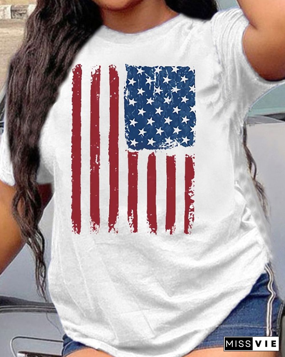 American Flag Print Round Neck Short Sleeve Tee