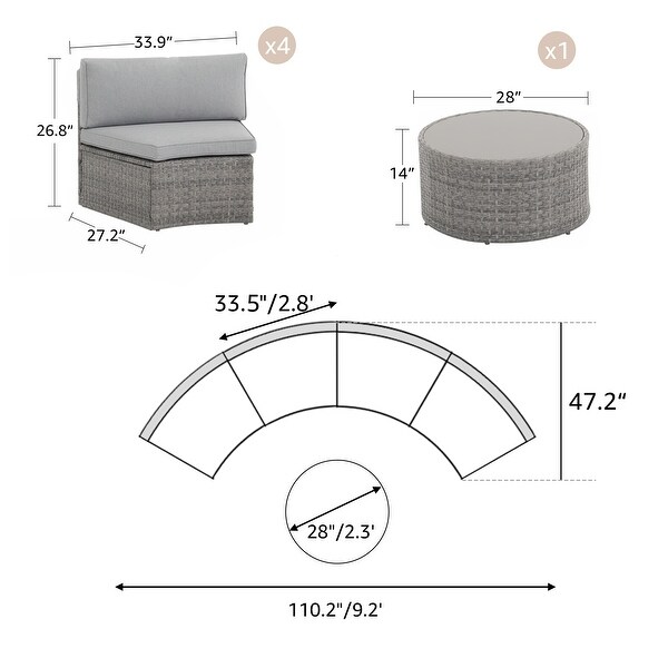 Cushioned Wicker Halfmoon 5piece Outdoor Sectional Set