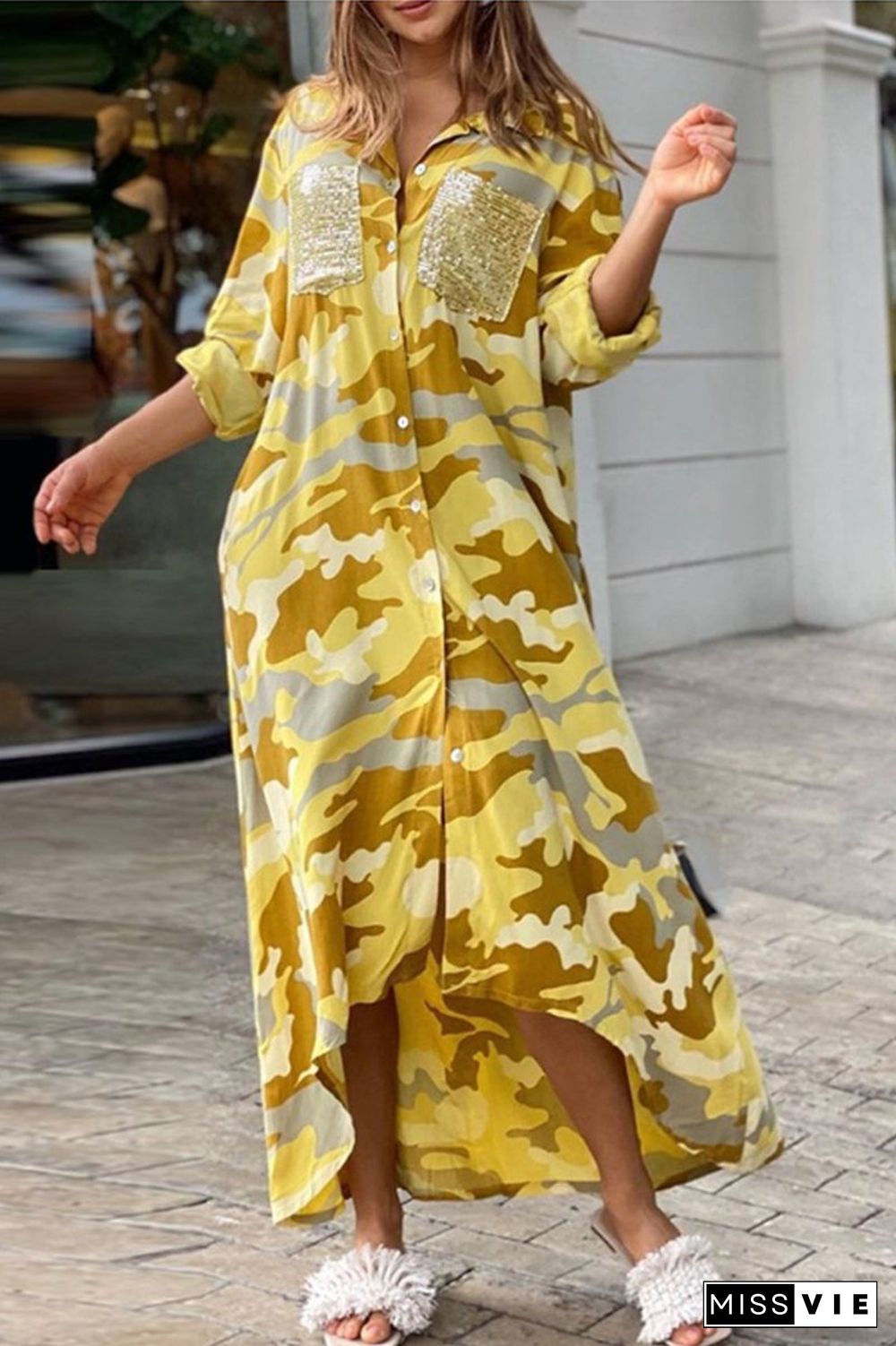 Camouflage Long Sleeve Maxi Shirt Dress