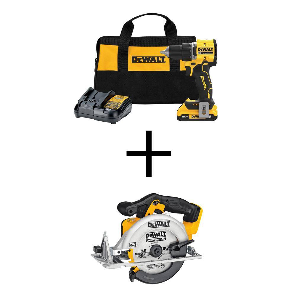 DW ATOMIC 20-Volt Lithium-Ion Cordless Compact 12 in. DrillDriver Kit and Circular Saw with 2.0Ah Battery Charger  Bag DCD794D1WCS391B