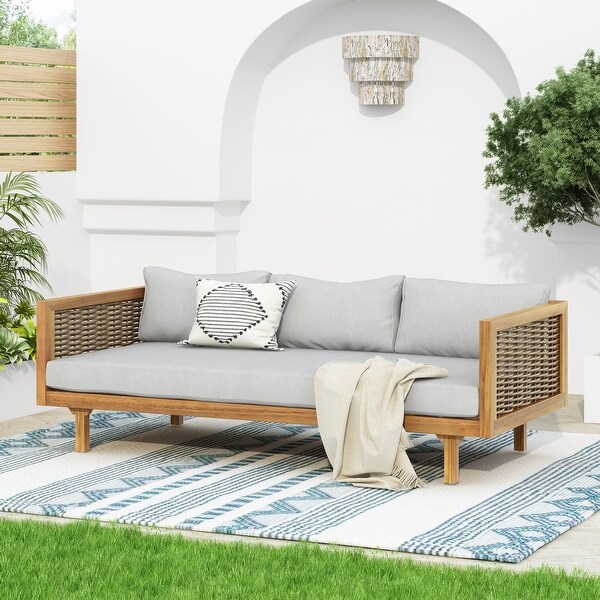 Aidan Farmhouse Outdoor 3 Seater Daybed with Fabiric Cushion by Christopher Knight Home