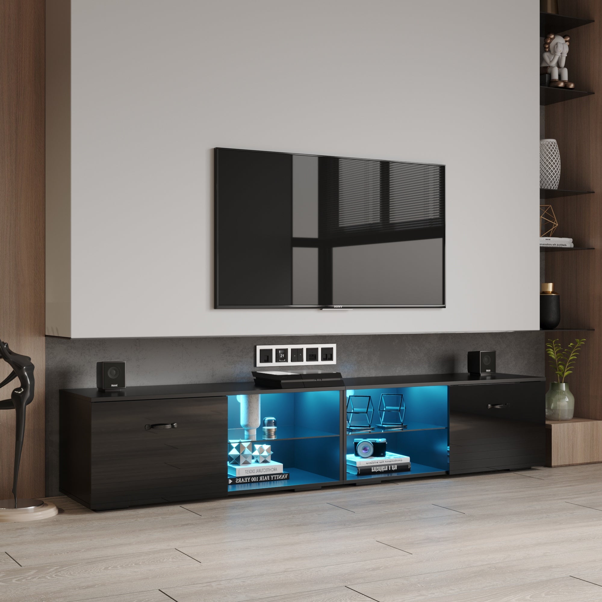 78''W 2 Parts Design Separable Floor TV Stand Detachable RGB LED TV Cabinet