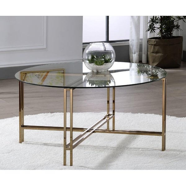 Veises Round Coffee Table， Clear Glass， Champagne Finish， Metal Stand