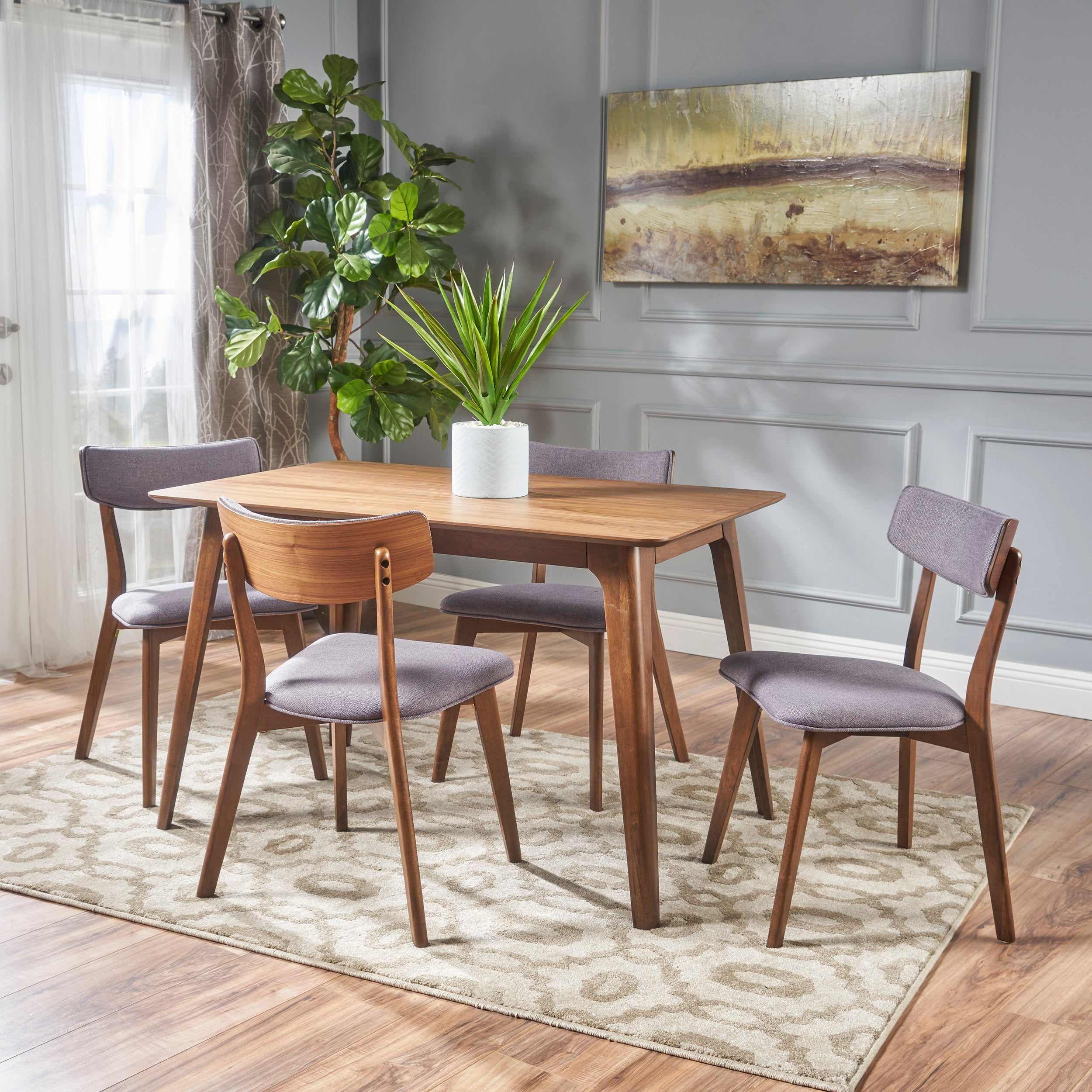 Meanda Mid Century Finished 5 Piece Wood Dining Set with Fabric Chairs