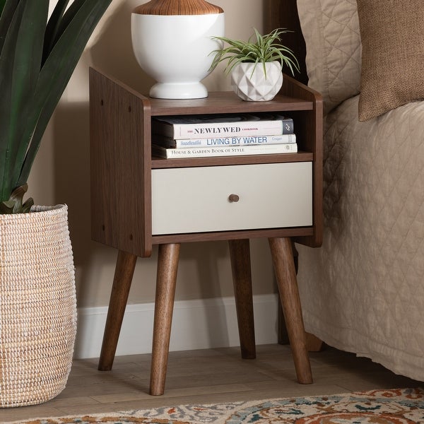 Mid-Century Modern Two-Tone White and Walnut Brown Finished Wood 1-Drawer Nightstand - - 37219092