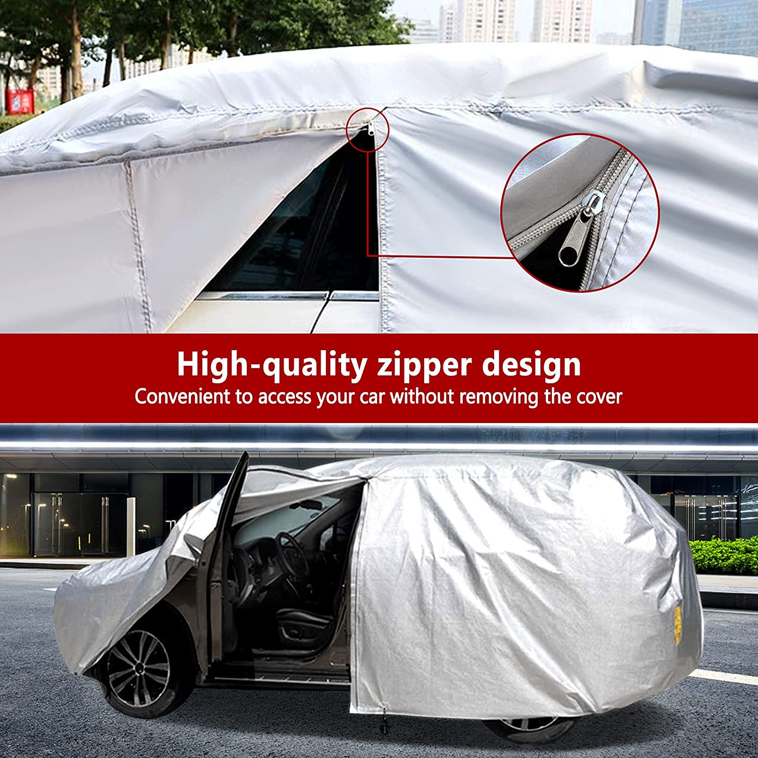 NEVERLAND Car Cover Waterproof All Weather Protection with Zipper Cotton Outdoor Full Cover Rain Sun UV Proof for Automobiles Universal Fit for SUV