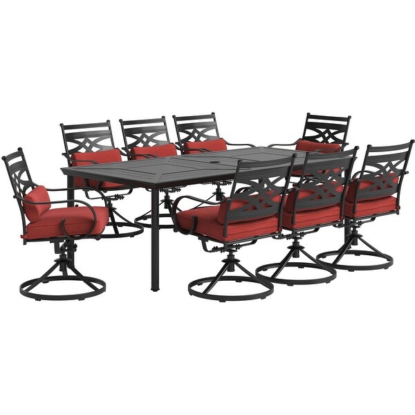 Hanover Montclair 9Piece Dining Set in Chili Red with 8 Swivel Rockers and a 42In. x 84In. Table