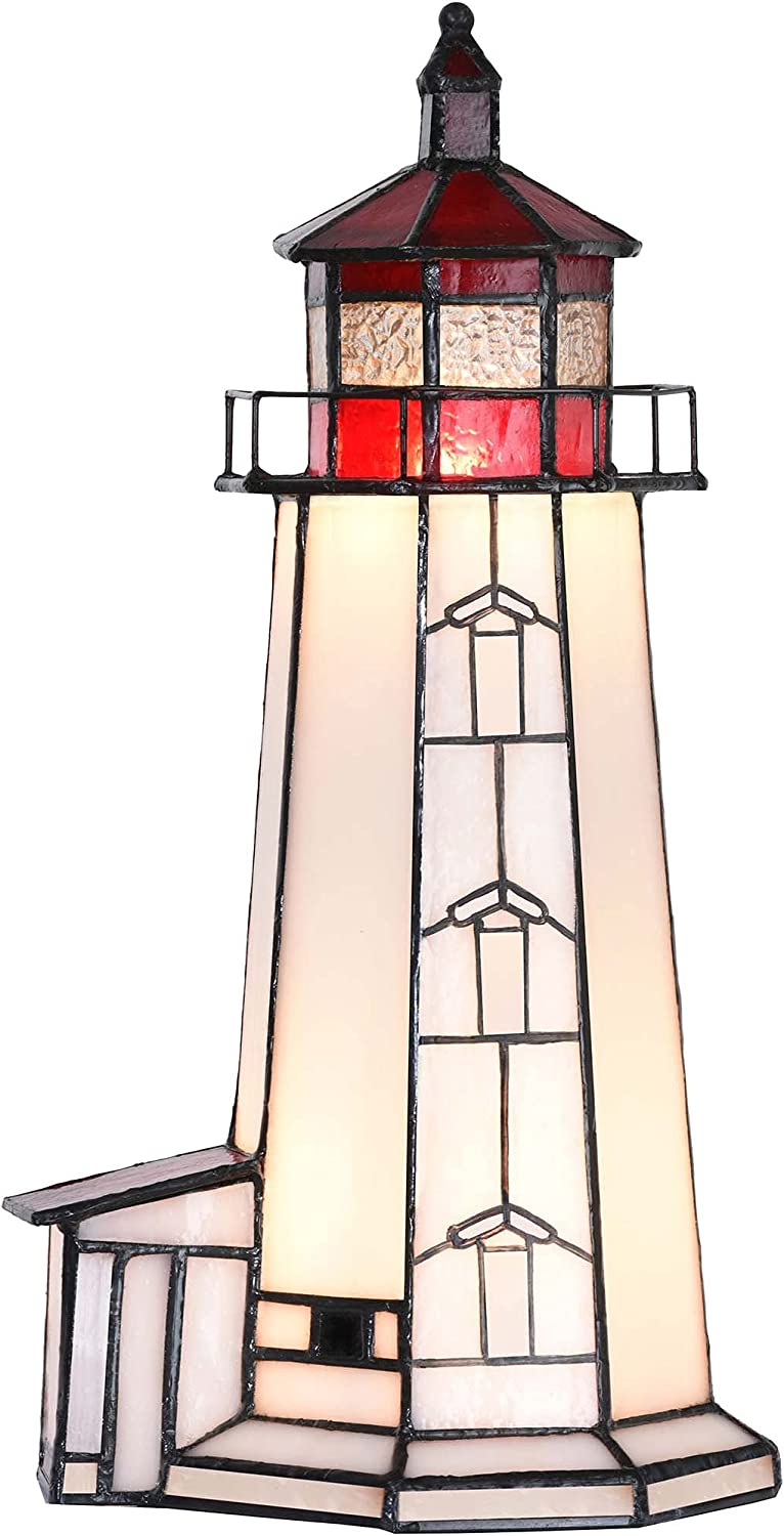 SHADY L10770 Peggy&#39;s Point Lighthouse  Style Stained Glass Accent Table Lamp Night Light  12-inches Tall