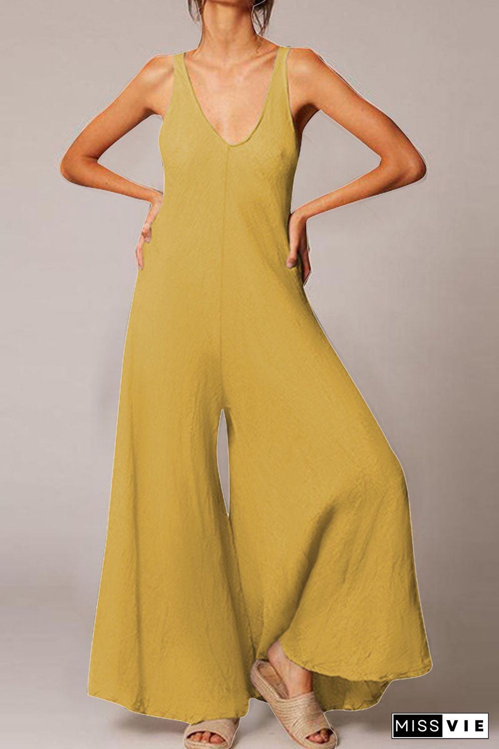 Fashion  Simplicity Solid V Neck Loose Jumpsuits