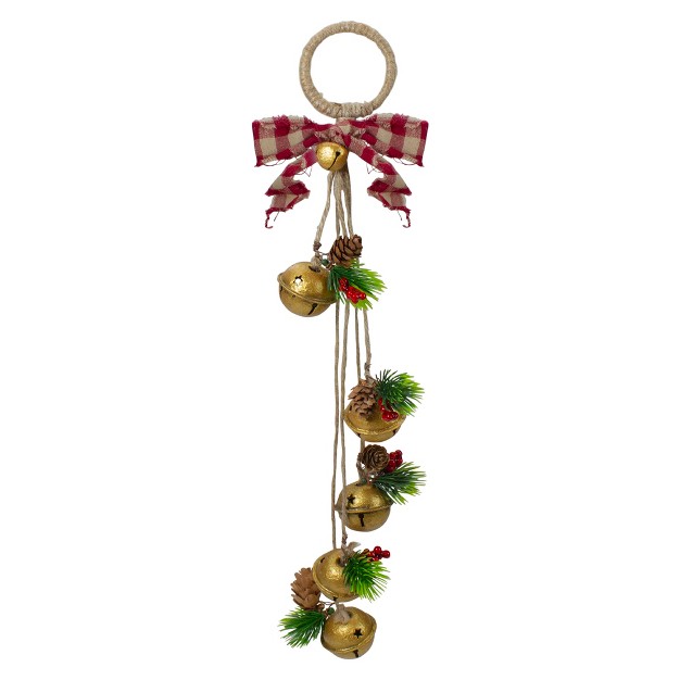 Northlight 15 inch Pine And Gold Jingle Bell Christmas Door Hanger With Plaid Bow