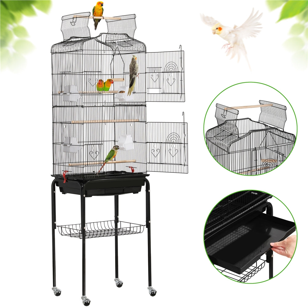 Topeakmart 64''H Open Top Metal Birdcage Rolling Parrot Cage with Detachable Stand， Black