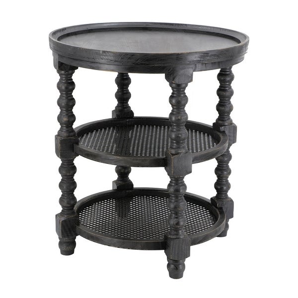 Jake 25 Inch 3 Tier Side Table， Fir Wood， 2 Woven Wicker Shelves， Black