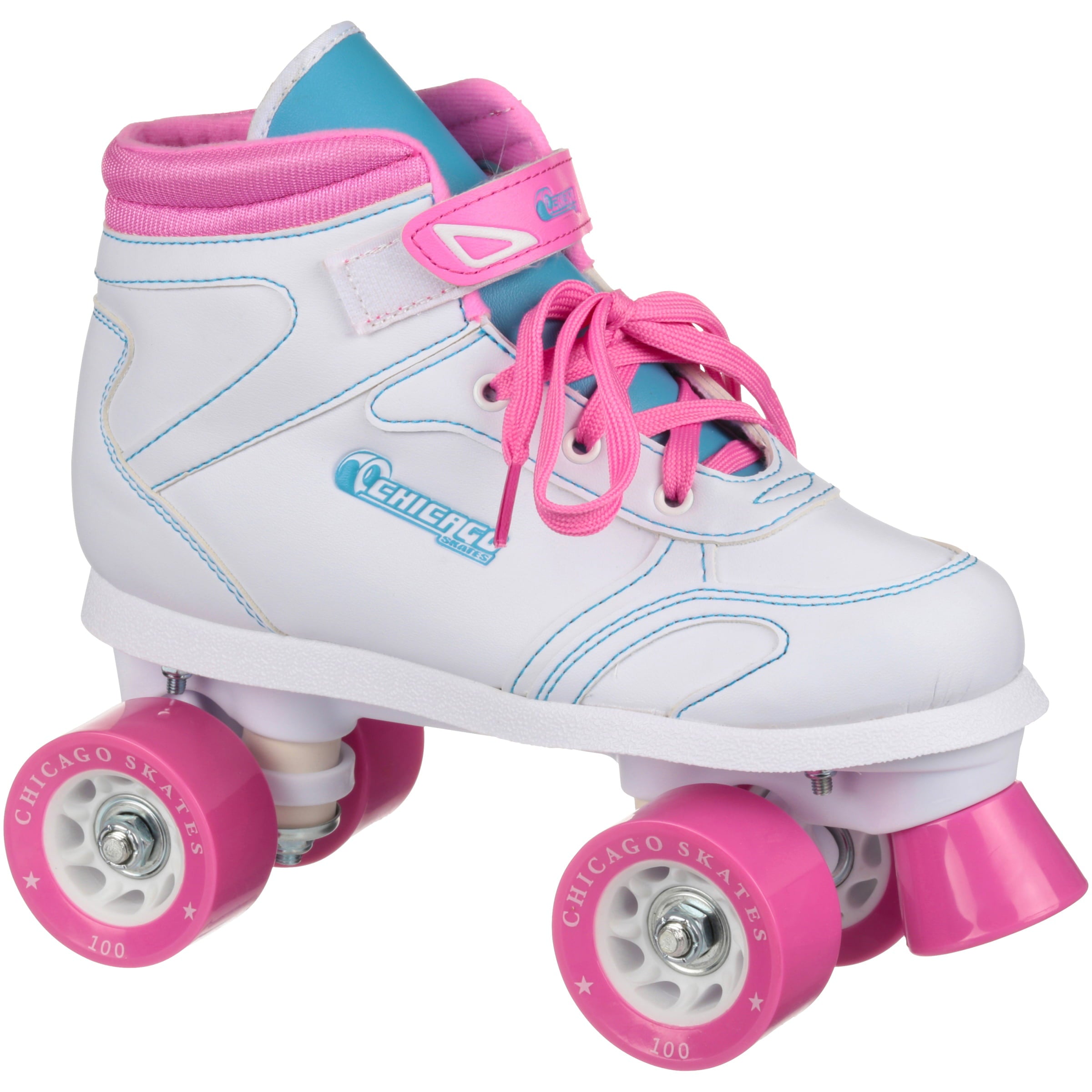 Chicago Skates Girls' Quad Roller Skates White/Pink/Teal Sidewalk Skates， Size 3