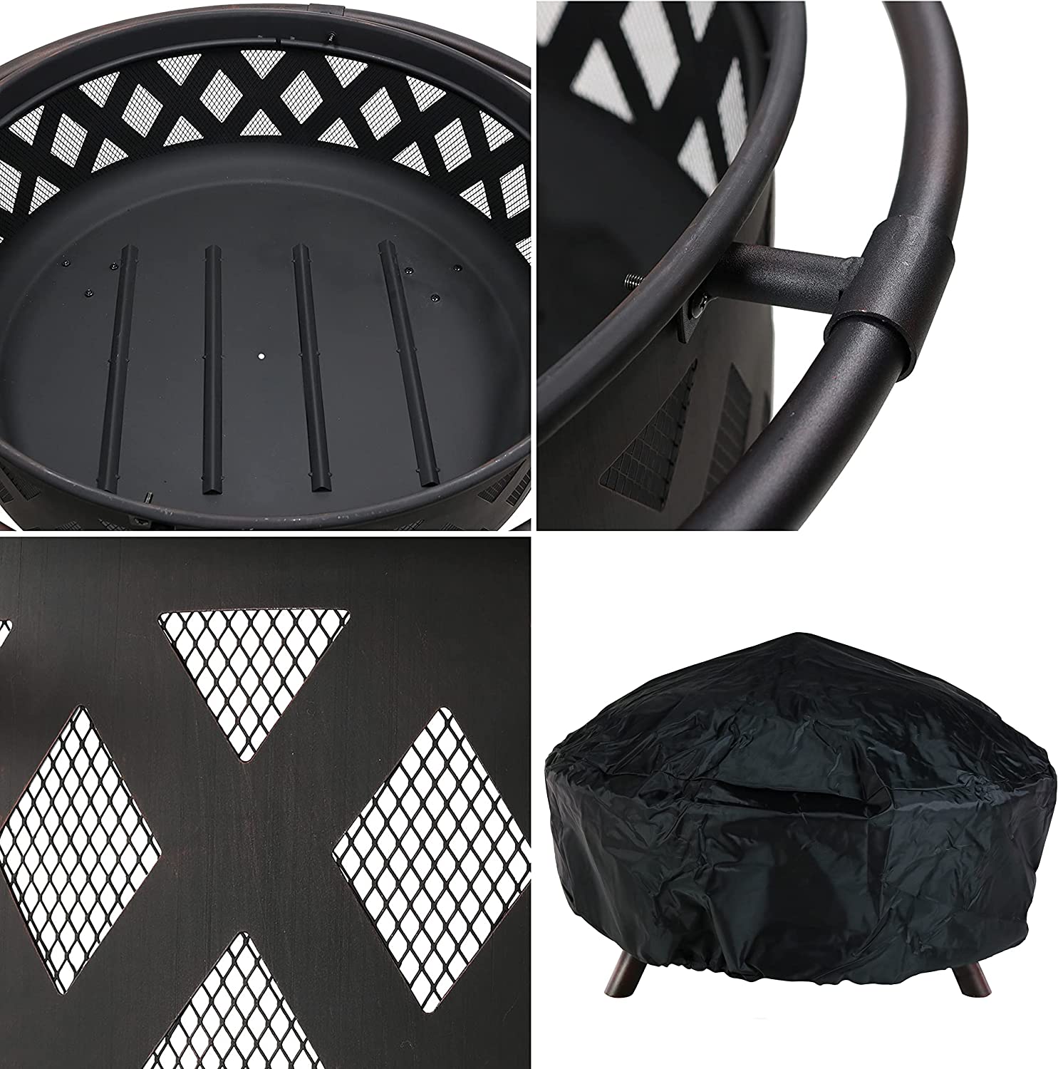 Sunnydaze Black Crossweave Large Outdoor Fire Pit - 36-Inch Heavy-Duty Wood-Burning Fire Pit with Spark Screen for Patio and Backyard Bonfires - Includes Poker and Round Fire Pit Cover