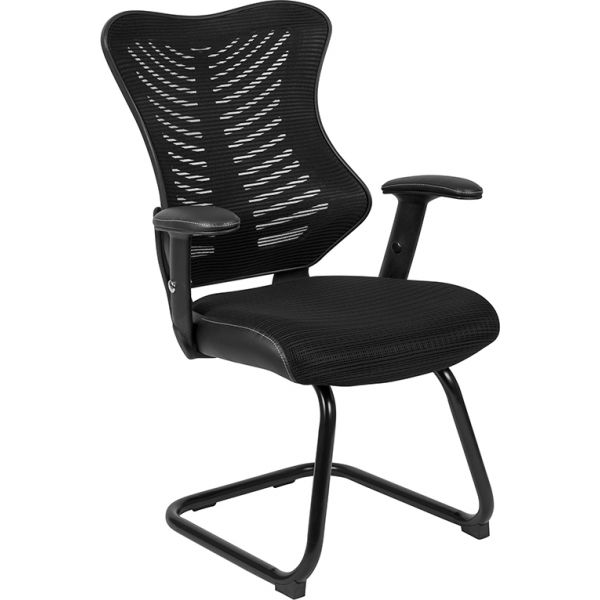 Kale Designer Black Mesh Sled Base Side Reception Chair with Adjustable Arms