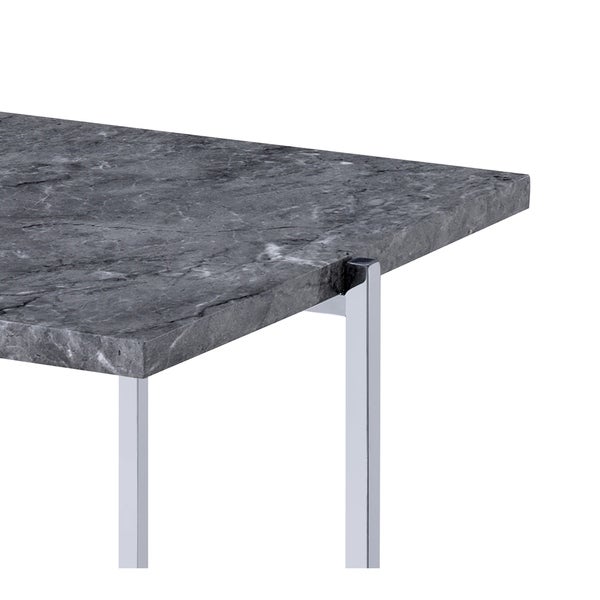 Contemporary Marble Top End Table with Trestle Base ， Gray and Silver