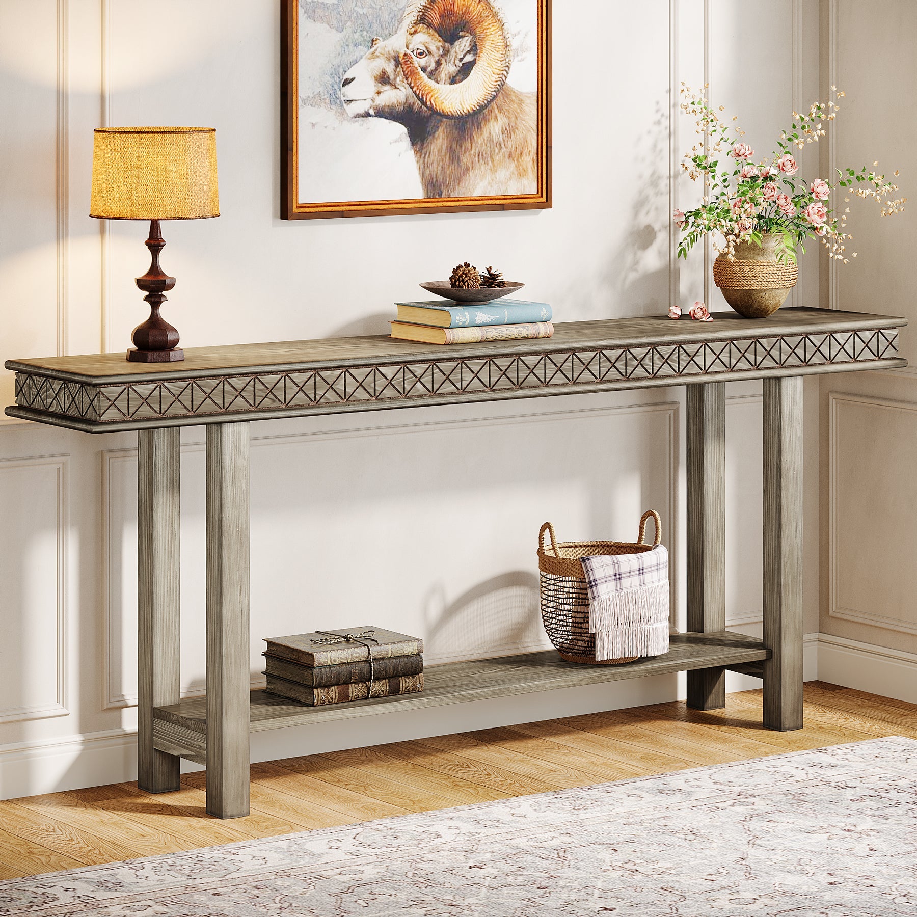 70.9-Inch Console Table, Wood 2-Tier Sofa Table Long Entryway Accent Table