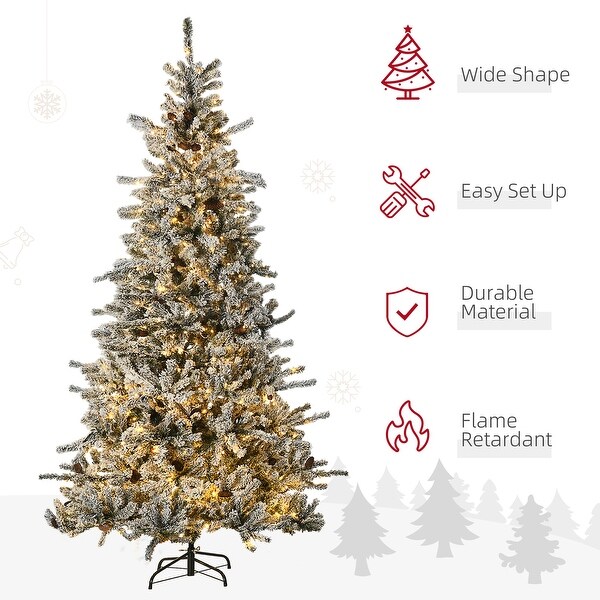 HOMCOM 7.5ft Tall Prelit Artificial Christmas Tree Holiday Décor with 1566 Snow Flocked Branches Green